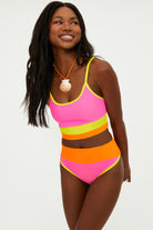 Pink, orange, and yellow ribbed bottom with a high waisted fit