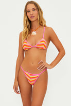 Multicolor crochet bottom with modest coverage in the back and adjustable straps on the side