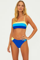 Ribbed bandeau with clasp on the back and removable straps in blue and yellow