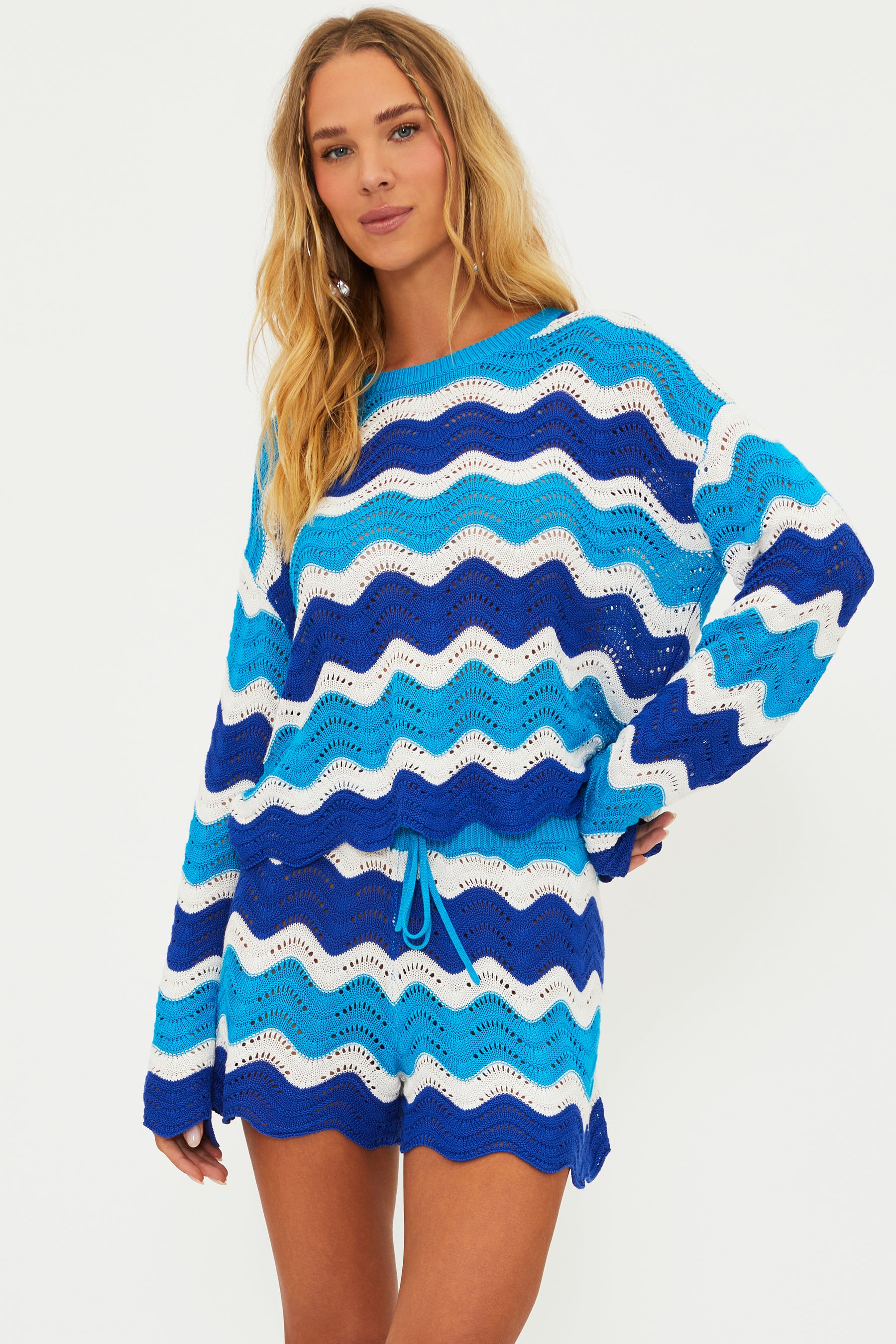 Open knit sweater with colorful wavy stripes