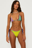 Crochet tie side bottom in yellow with purple strings and  multicolor borders