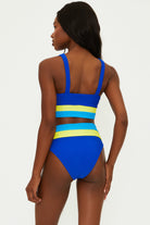 Sporty scoop neck top with ribbed fabric in blue and yellow color block