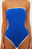 One piece with removable straps and side cutouts in blue with white blocking