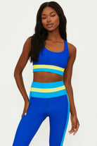 Sporty scoop neck top with ribbed fabric in blue and yellow color block