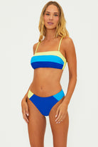 Ribbed bandeau with clasp on the back and removable straps in blue and yellow