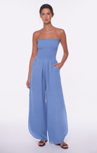 Strapless wide leg jumpsuit in light blue