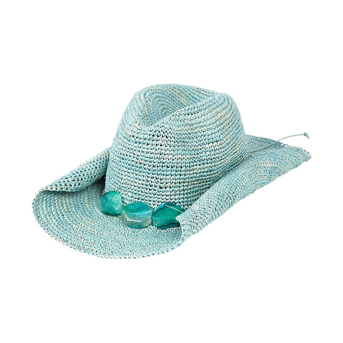 Seagreen cowboy hat with decorative stones made from raffia