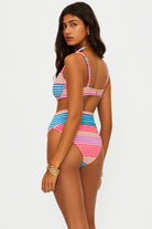 Colorful striped high waist bikini bottom in metallic shimmer