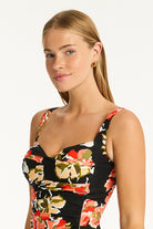 Twist front tankini top with padded cup support in multicolor print