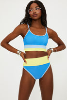 High waisted bottom in ribbed fabric with blue and yellow color blocking