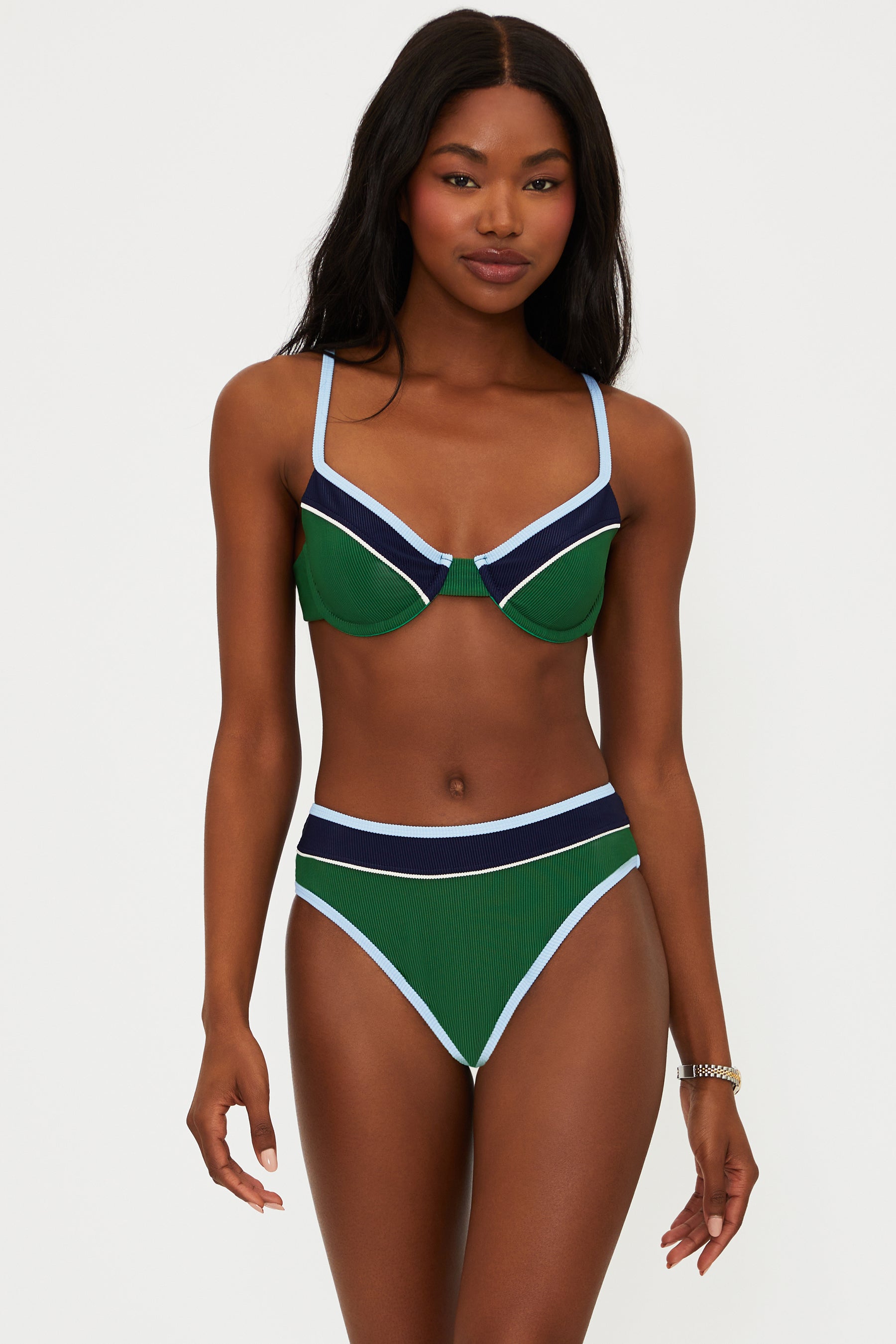 Underwire top with adjustable straps and ribbed fabric in dark green with color blocking