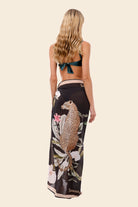 Long black tasseled sarong with floral print