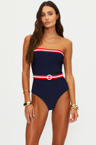 Strapless red, white, and blue one piece