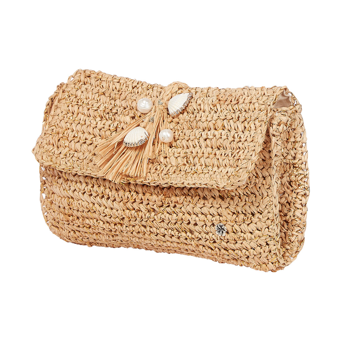 Raffia clutch with seashell adornment