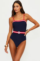 Strapless red, white, and blue one piece