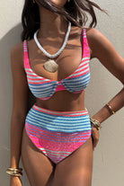 Colorful striped high waist bikini bottom in metallic shimmer