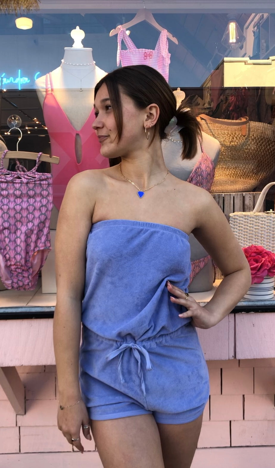Strapless blue terry cloth romper 