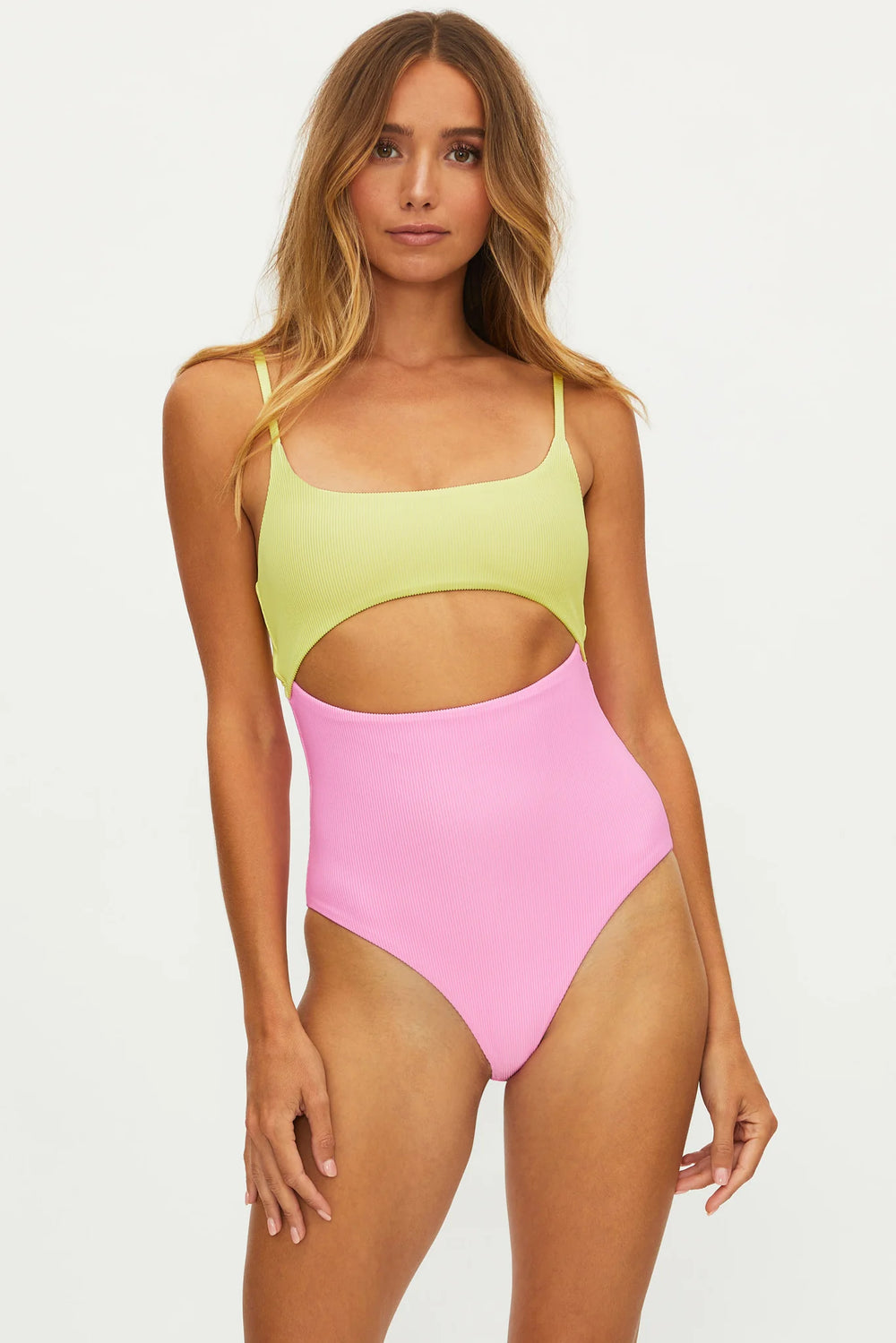 Pastel Color Block Ribbed Cutout One Piece 