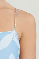 light blue and white straight neck one piece swimsuit