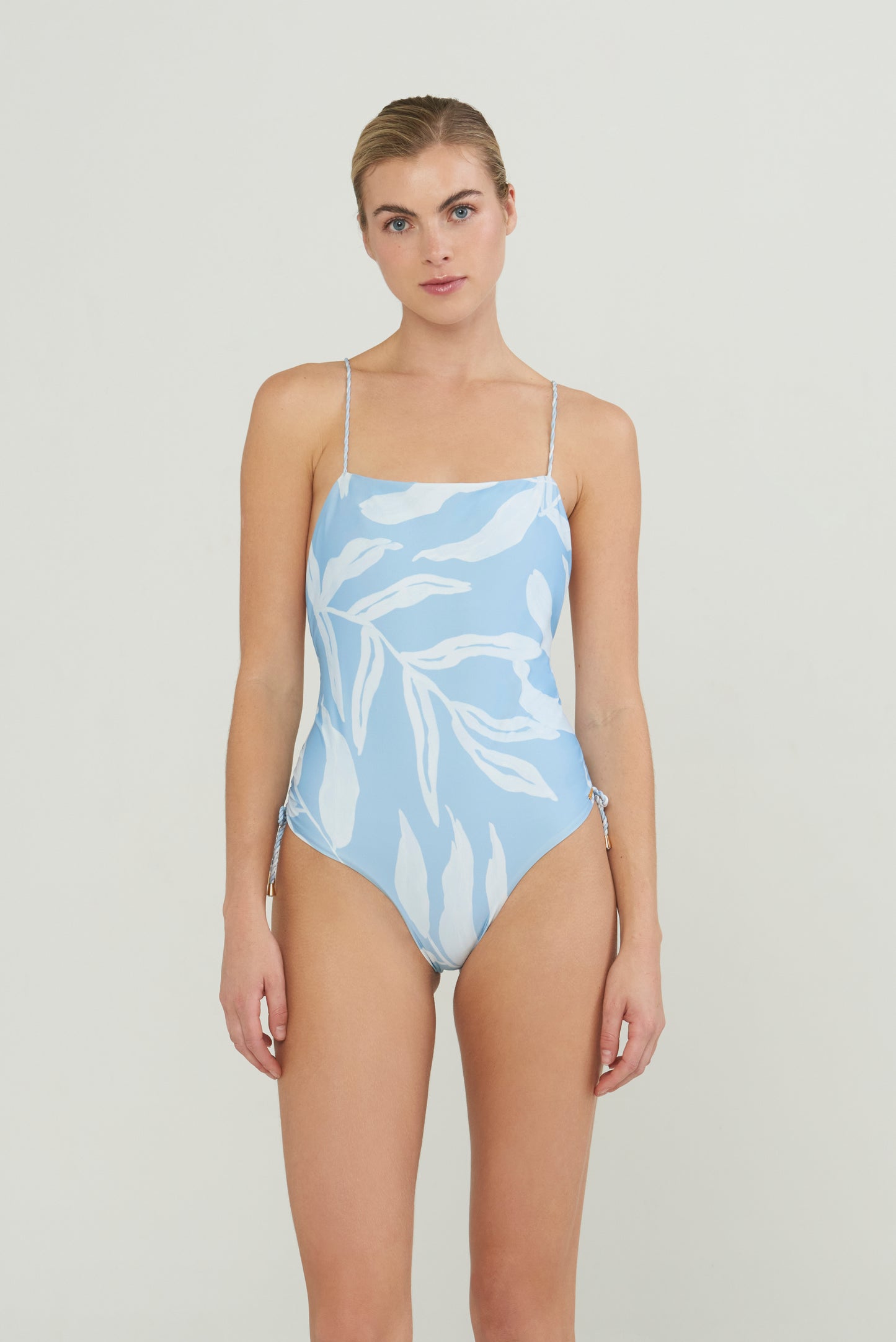 light blue and white straight neck one piece swimsuit