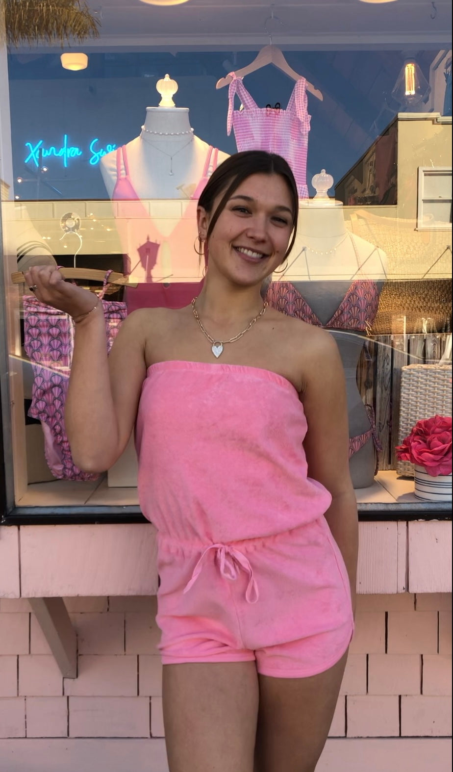 Pink strapless terry cloth romper 
