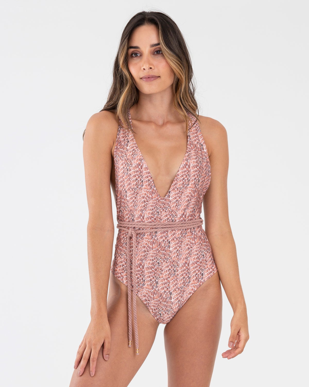 Rose gold colored snake print one piece with plunging neckline and rope tie detail.