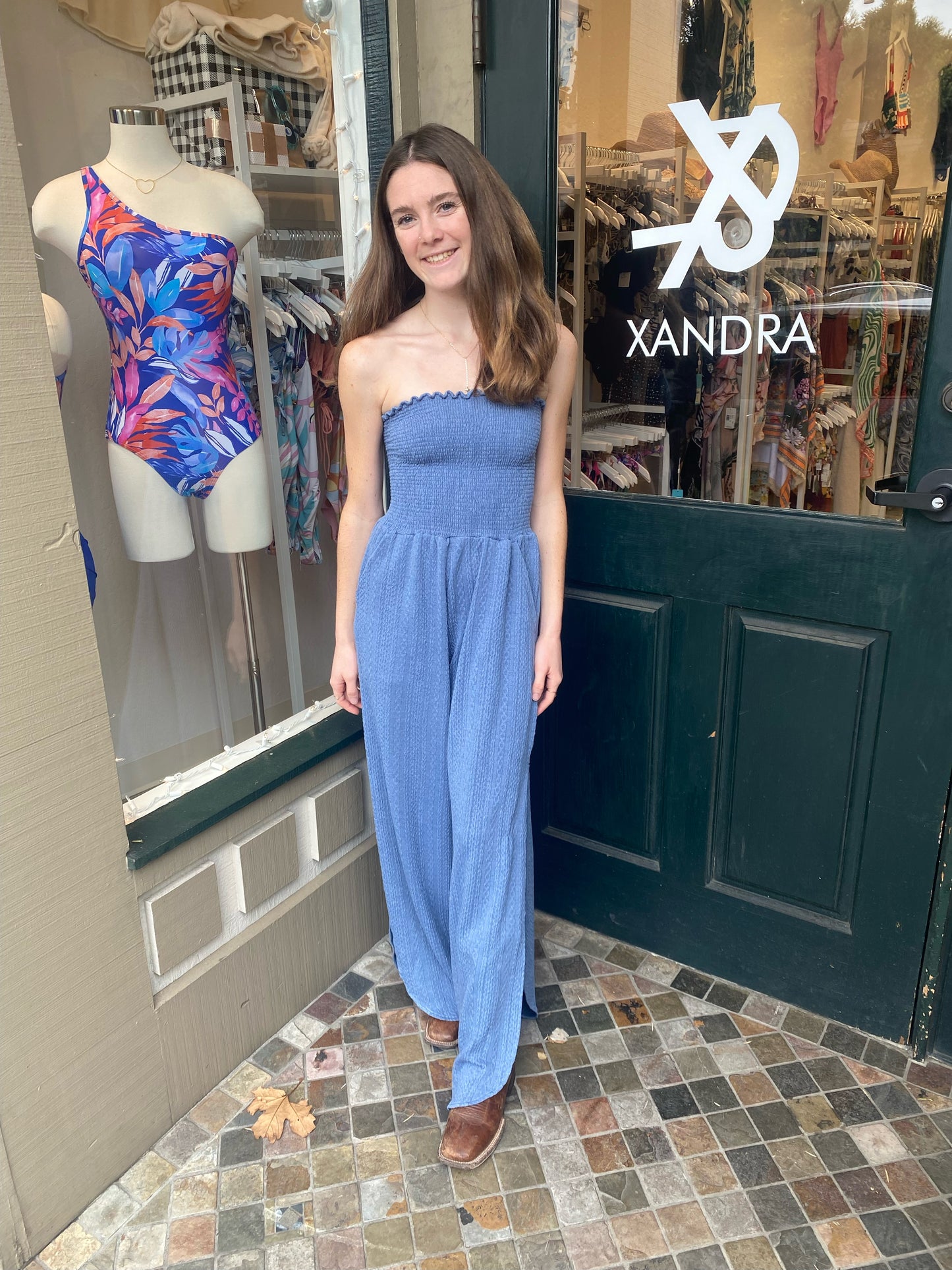 
                  
                    blue strapless knit jumpsuit
                  
                