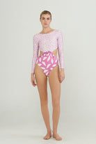 abstract long sleeve leaf print two tone long sleeve pink one piece