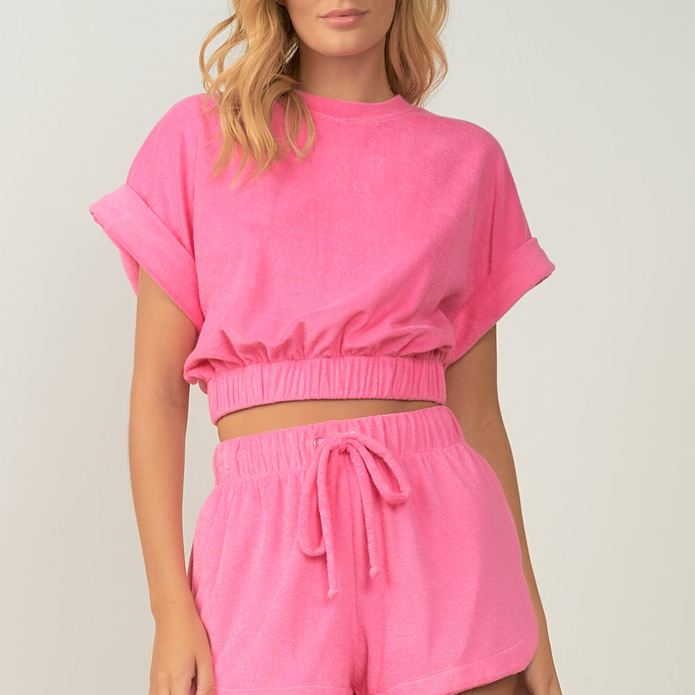 Pink Short Sleeve Terry Crop Top 