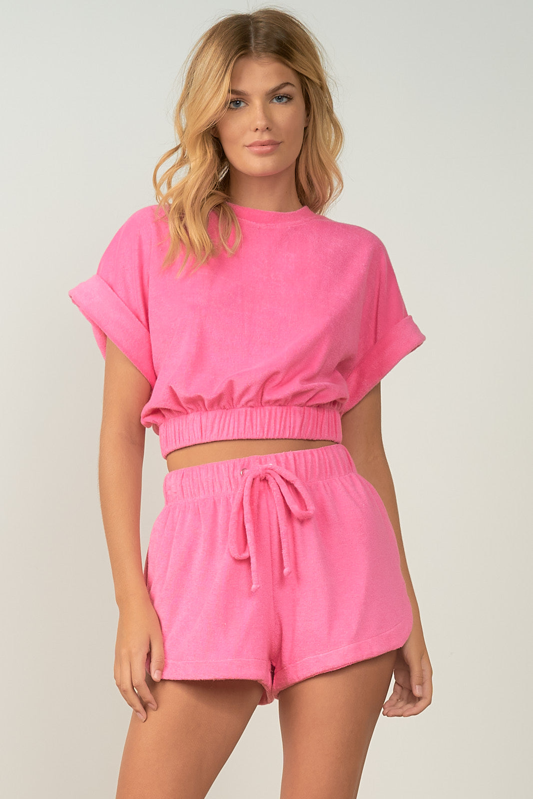 Pink Short Sleeve Terry Crop Top 
