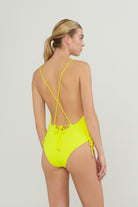 bright yellow square neck ribbed one piece swimsuit