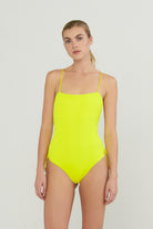 bright yellow square neck ribbed one piece swimsuit