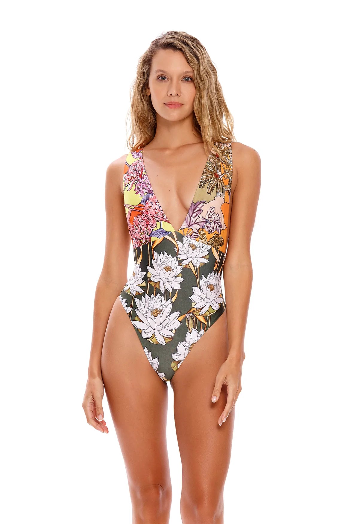 Multicolor Floral Print Plunging One Piece