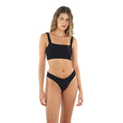 Textured Black Mid Rise Bikini Bottom