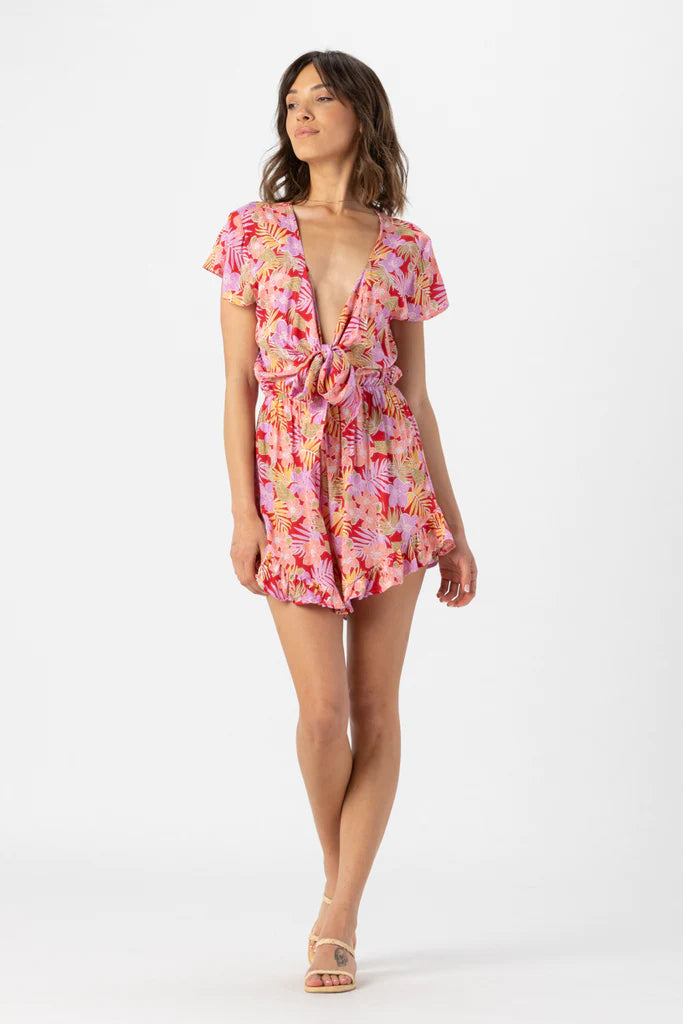 Red Floral Print Plunging Romper