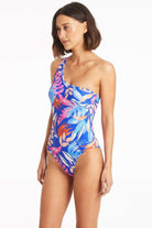 Bright Tropical Print One Shoulder One Piece 