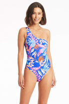 Bright Tropical Print One Shoulder One Piece 
