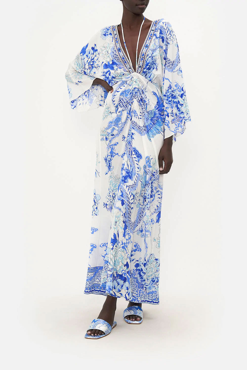 Embellished kimono style kaftan dress