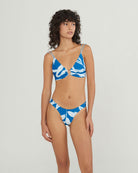 blue and white leaf print triangle bikini top