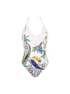 white halter neck one piece swimsuit with multi colored paisley pattern