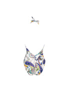 white halter neck one piece swimsuit with multi colored paisley pattern