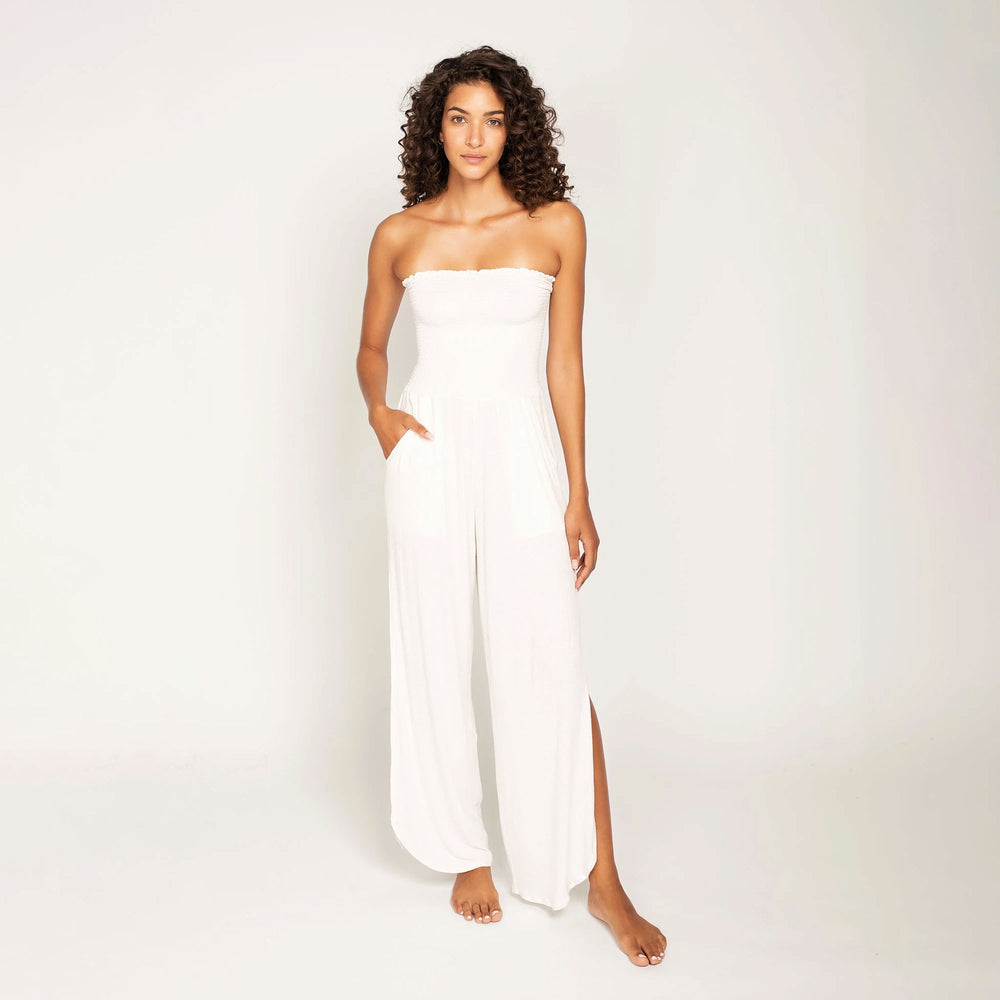 white ribbed strapless jumpsuit with side slits