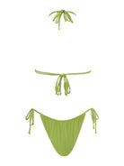 Light green string bikini top with matching tie side cinch bikini bottoms.