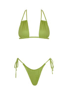 Light green string bikini top with matching tie side cinch bikini bottoms.