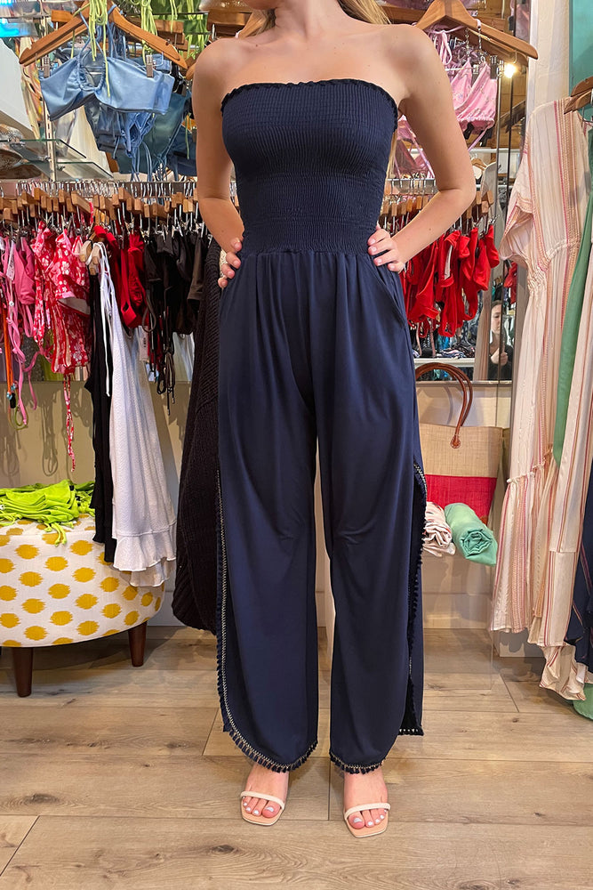 navy blue strapless jumpsuit with side slits