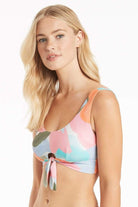 Multicolor Tie Front Scoop Neck Bikini Top