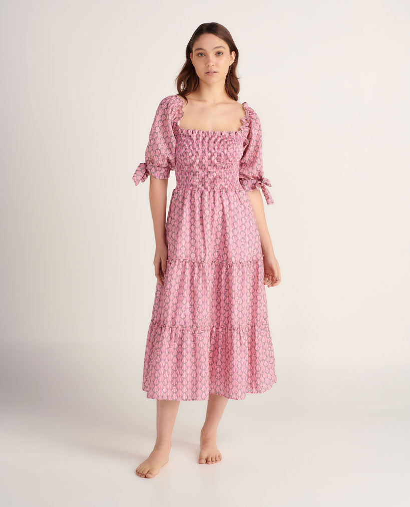 Pink maxi dress with smocked top and puff sleeves