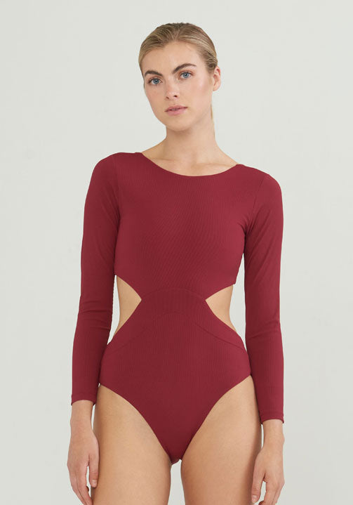ribbed long sleeve red one piece swimsuit with cutouts