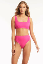 Ribbed Hot Pink High Waist Swim Bottom